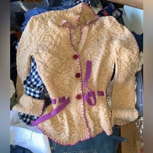 Anna Sui knit cardigan featuring a textured, popcorn-like knit in a warm beige